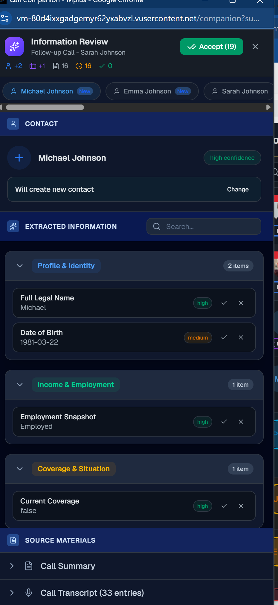 AI-extracted information from a call &mdash; structured facts grouped by topic, attributed to each person, with confidence levels and one-tap accept