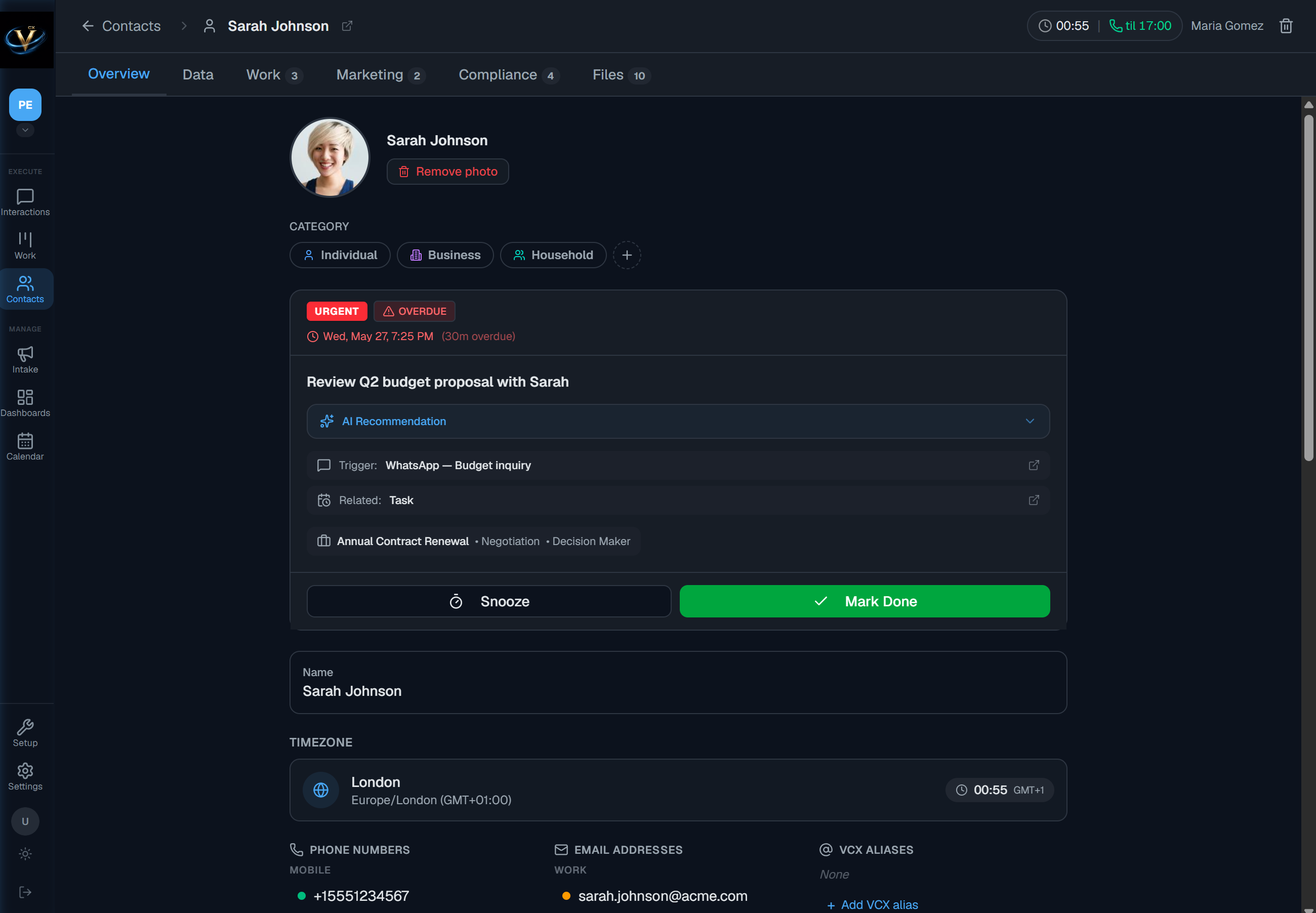 A client&rsquo;s detail view with the single most important next action and a one-tap call window